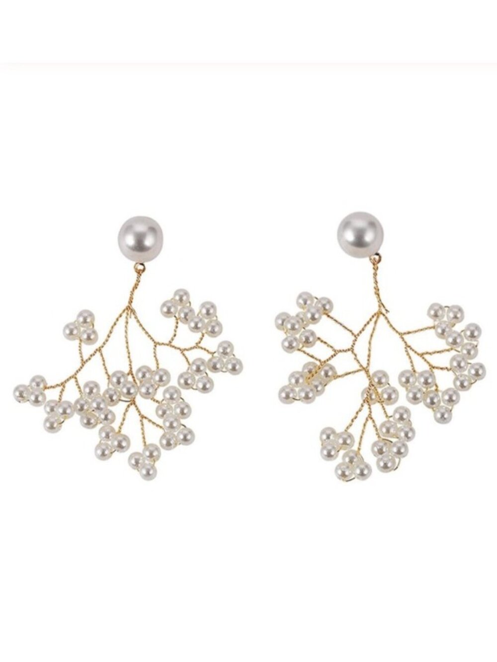 Round Pearl Flower Yellow Gold Drop Earrings